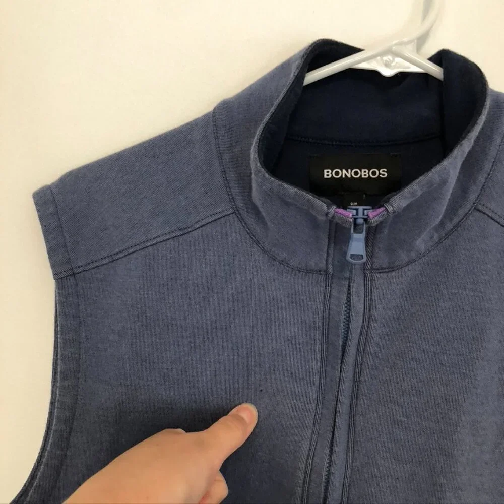 BONOBOS Mens Daily Grind Vest Blue Full Zip Sleeveless Cotton Etc SLIM FIT Small